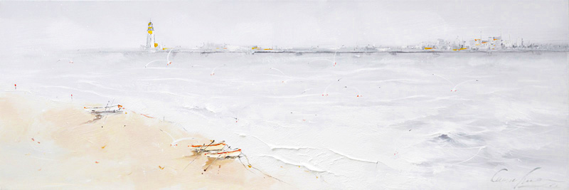 PXFC342 Wall décor art oil on canvas sescape beach and lighthouse blue white tones